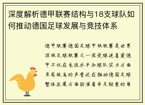 深度解析德甲联赛结构与18支球队如何推动德国足球发展与竞技体系