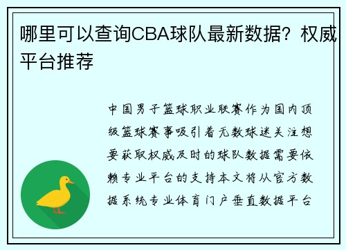 哪里可以查询CBA球队最新数据？权威平台推荐