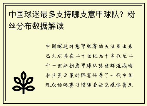 中国球迷最多支持哪支意甲球队？粉丝分布数据解读