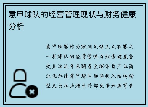意甲球队的经营管理现状与财务健康分析